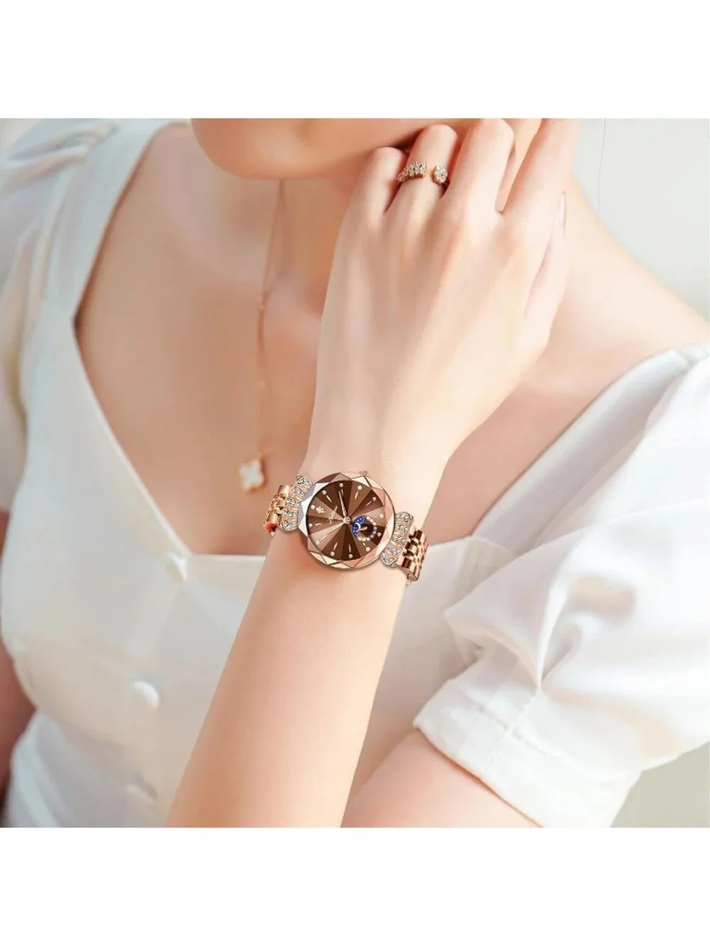 Women's Brown Steel Luxury Diamond Dial Stainless Steel Bracelet Wrist Watch